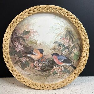 Vintage 1970 IMPERIAL Bullfinches Bird Round Melamine Wicker Woven Serving Tray